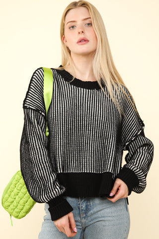 LeeAnn Exposed Seam Cropped Striped Slit Sweater