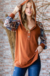 Half Button Printed Long Sleeve Hooded Top