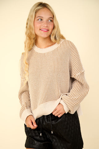 Larson Exposed Seam Cropped Striped Slit Sweater