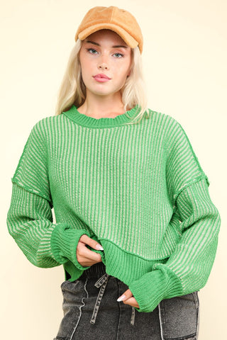 Lydia Exposed Seam Cropped Striped Slit Sweater